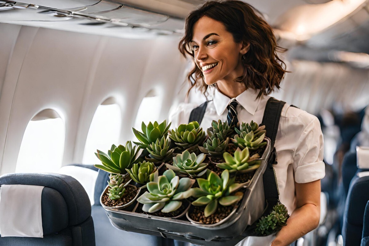 Woman carrying Succulents on a plane